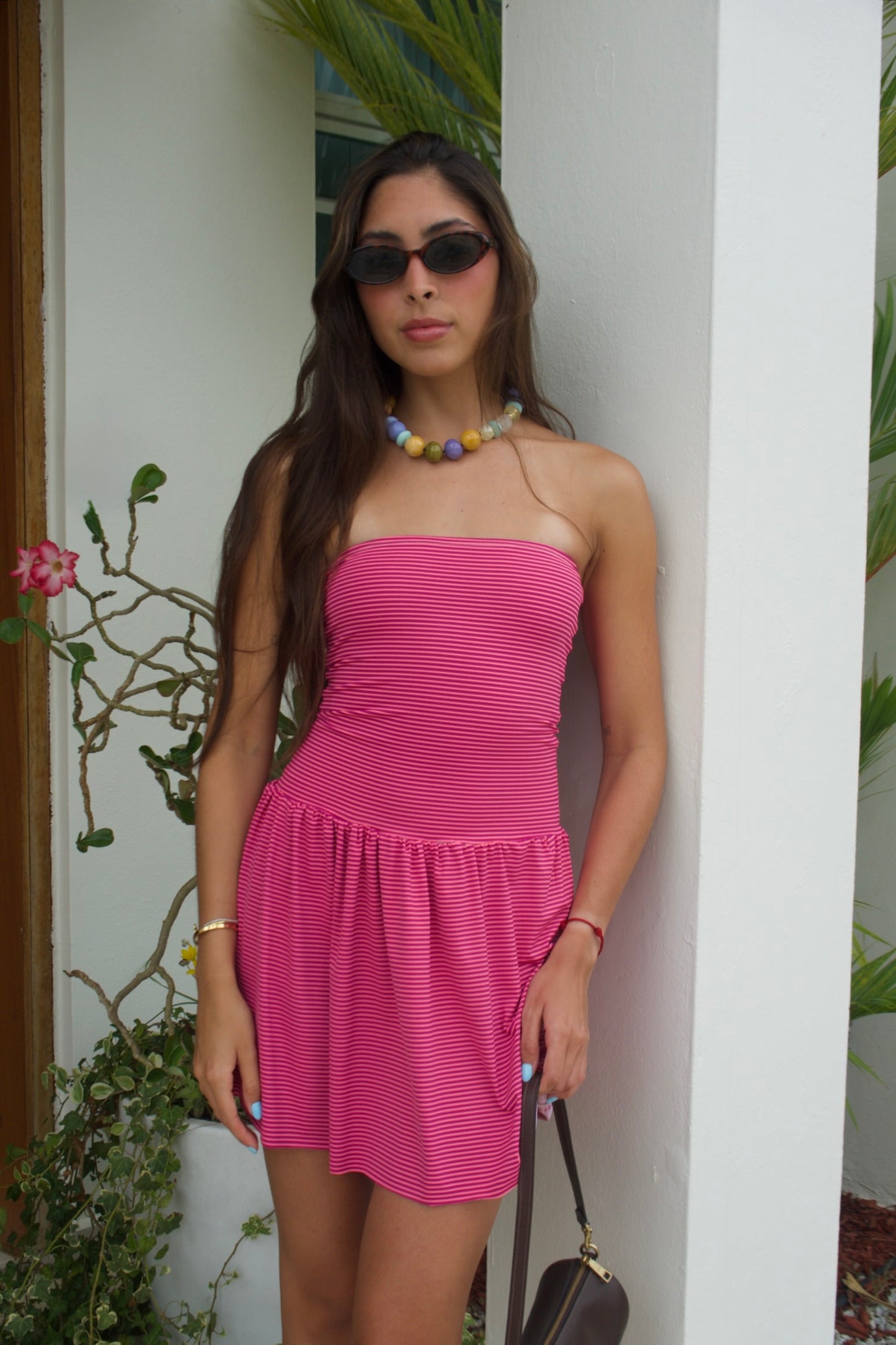 Plum + Pink Stripes | Mini strapless dress