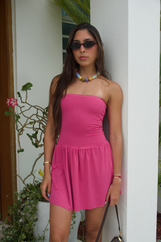 Plum + Pink Stripes | Mini strapless dress