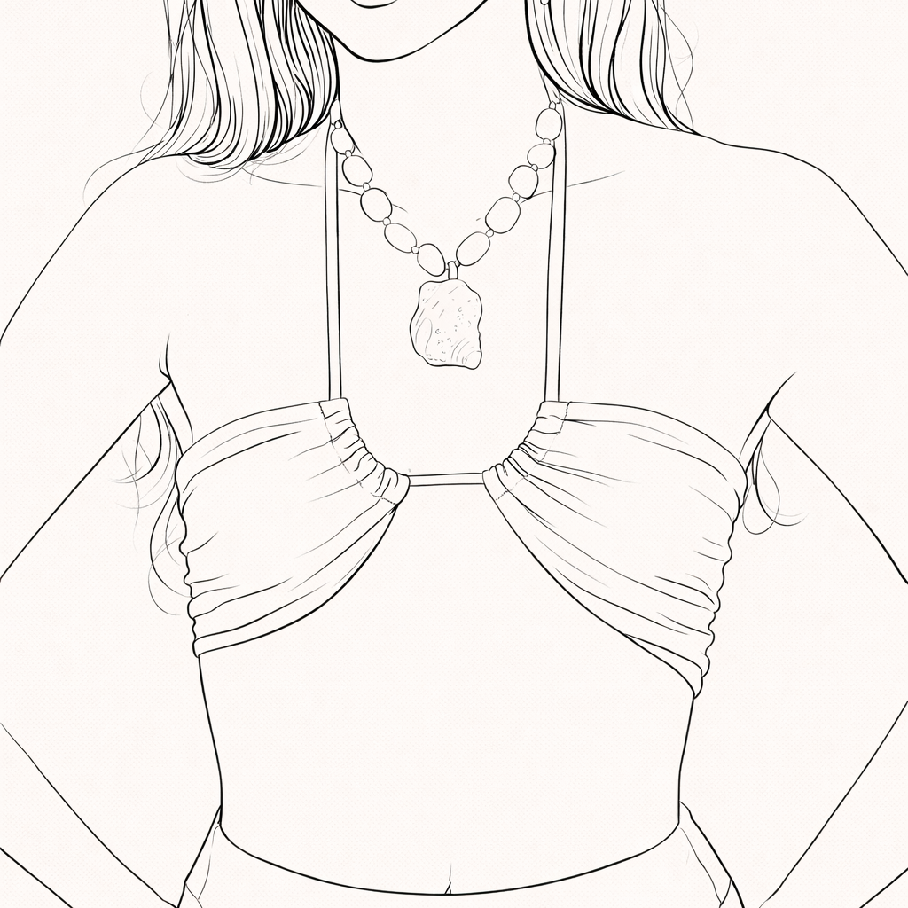 Line drawing of a person wearing a top and skirt with a necklace.