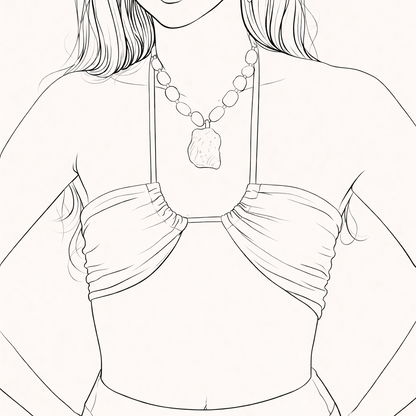 Line drawing of a person wearing a top and skirt with a necklace.